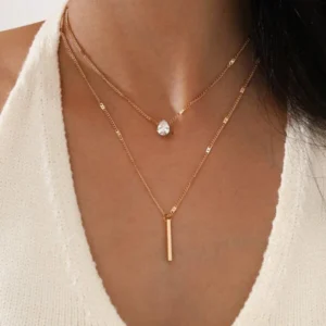 2 peças/conjunto colar strass pingo d'água & retângulo